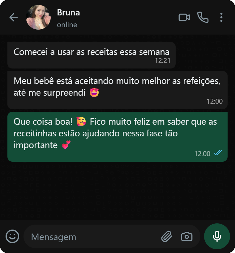 Conversa com Bruna sobre a melhora na aceitação das refeições pelo bebê