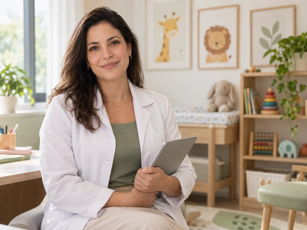 Profissional de saúde infantil em um consultório acolhedor