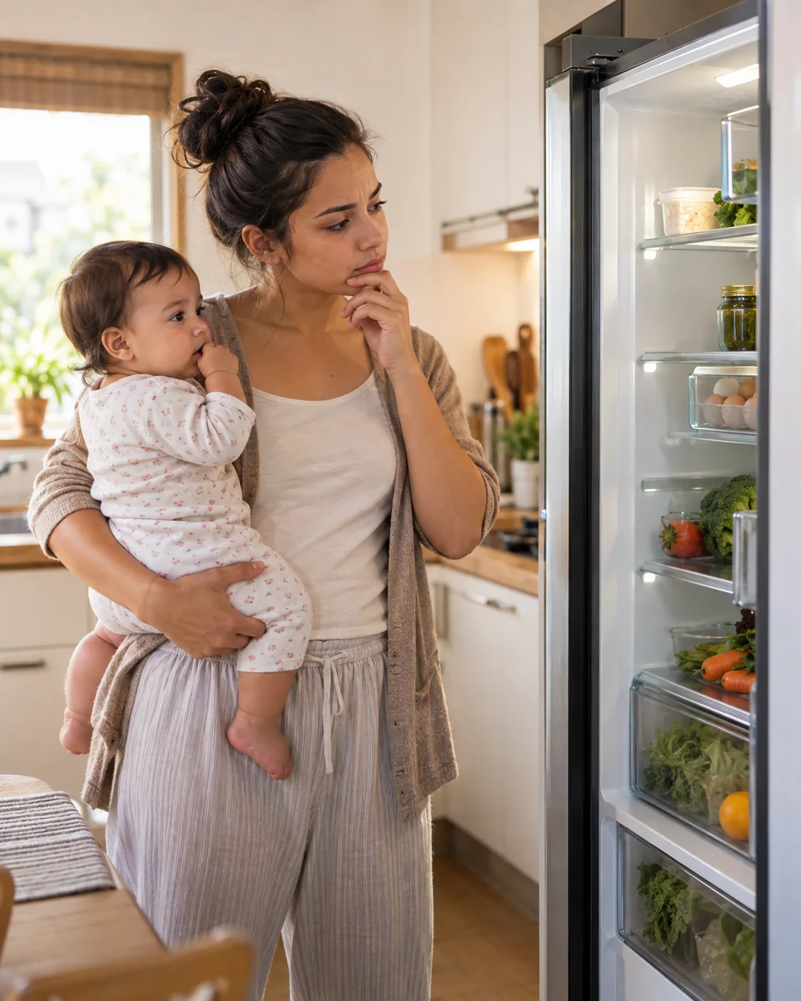 Mãe com seu bebê olhando a geladeira sem saber o que preparar